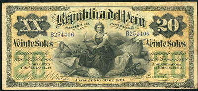 BANCO CENTRAL DE RESERVA DEL PERU 20 soles 1879
