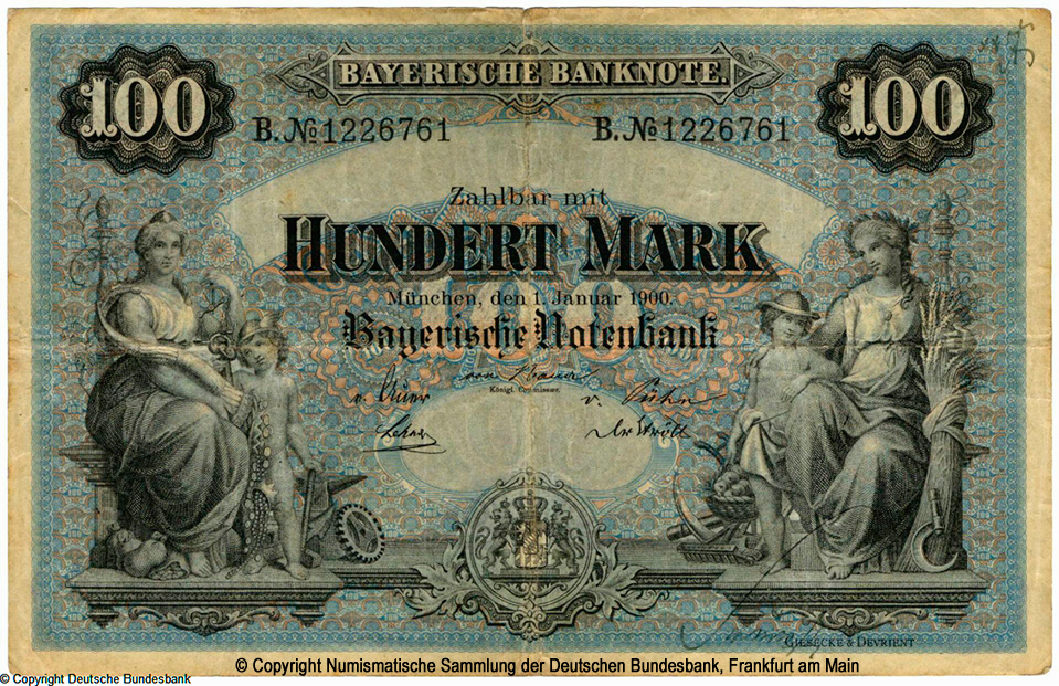 Bayerische Banknote. 100 Mark. 1. Januar 1900. B. Nr 1226761