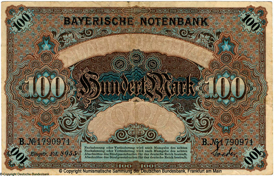 Bayerische Banknote. 100 Mark. 1. Januar 1900. B. Nr 1790971