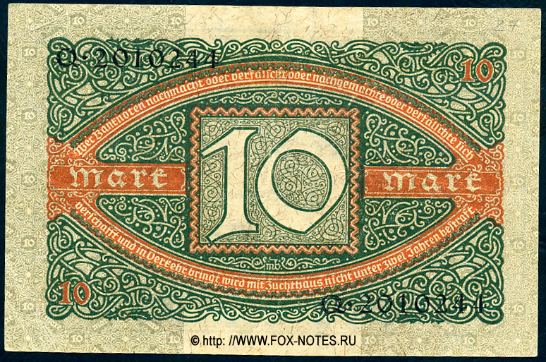 Reichsbanknote. 10 Mark. 6. Februar 1920.  Udr.-Bst. F. 
