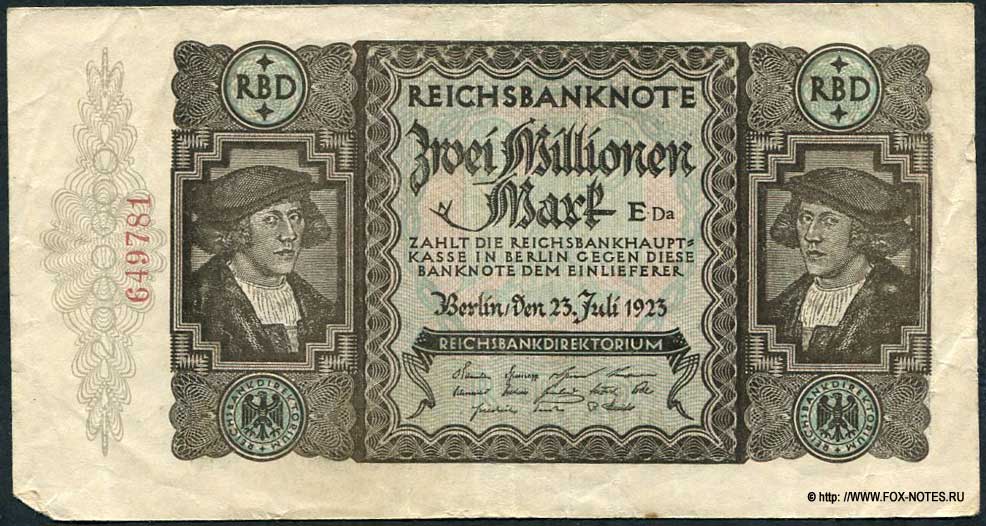 Reichsbanknote 2 Millionen Mark 23. Juli 1923. E Da
