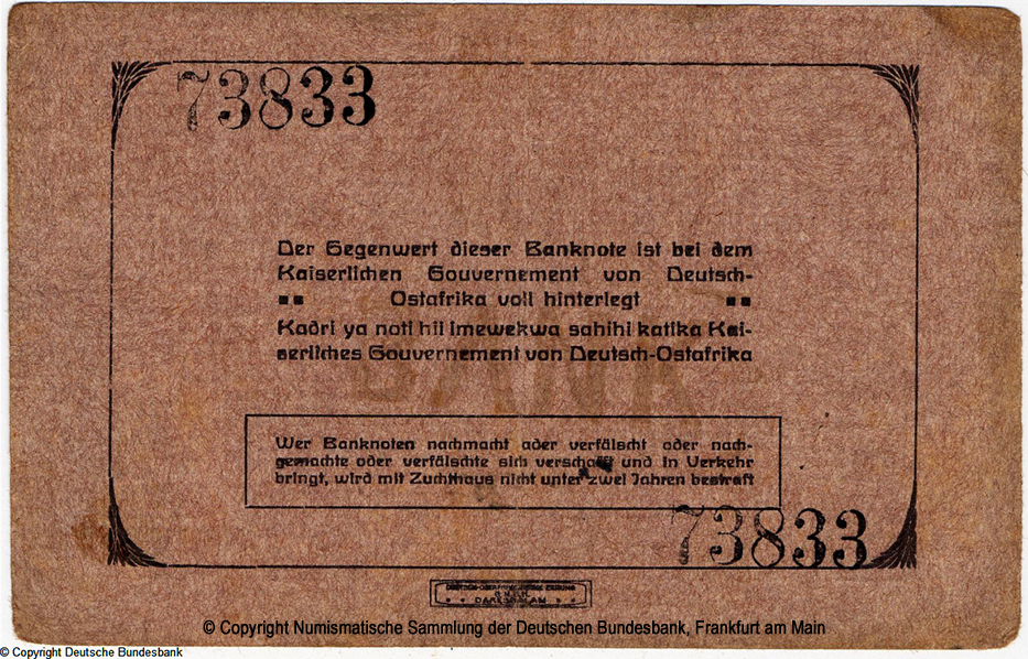 Die Deutsch-Ostafrikanische Bank. Interims-Banknote. 20 Rupien. 15. März 1915. Eingetragen durch: Berendt, In Vollmacht: A. Frühling. 