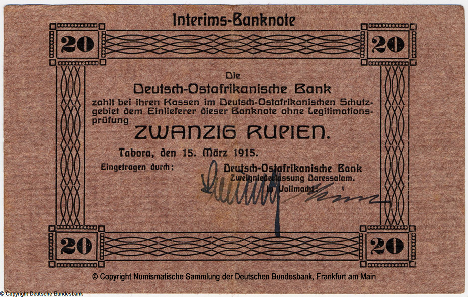 Deutsch-Ostafrikanische Bank. Interims-Banknote. 20 Rupien. 15. März 1915.
