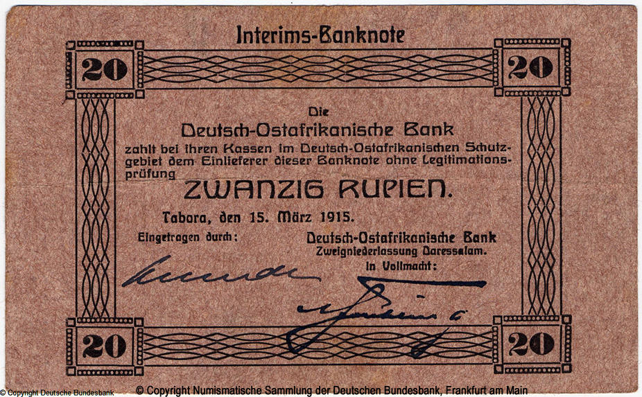 Die Deutsch-Ostafrikanische Bank. Interims-Banknote. 20 Rupien. 15. März 1915. ( 2) 45846