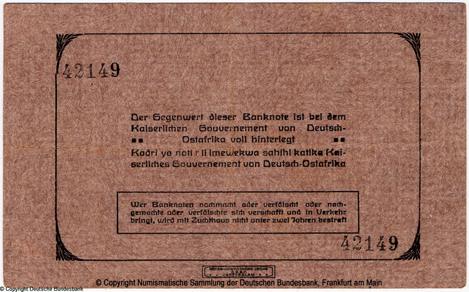 Deutsch-Ostafrikanische Bank. Interims-Banknote. 20 Rupien. 1915. Nr 42149