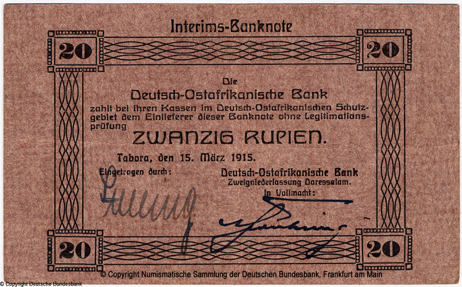 Deutsch-Ostafrikanische Bank. Interims-Banknote. 20 Rupien. 1915.