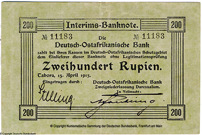 Deutsch-Ostafrikanische Bank. Interims-Banknote. 200 Rupien. 15. April 1915