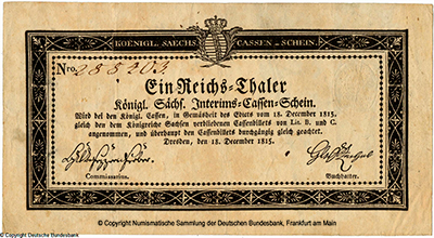 Koniglich Sachsische Interims Cassen Kassenschein. 1 Reichs=Thaler. 18 Dezember 1815.