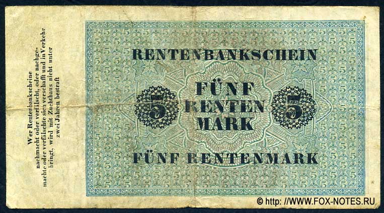 Deutschen Rentenbank Rentenbankschein 5 Rentenmark 1923