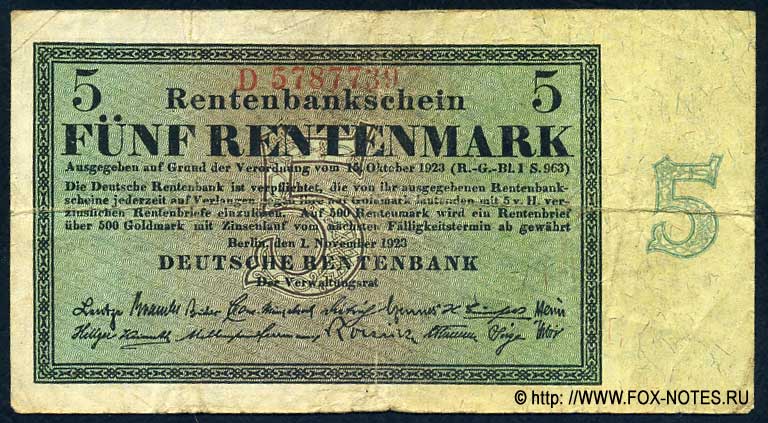 Deutschen Rentenbank. Rentenbankschein.  5 Rentenmark. 1. November 1923.