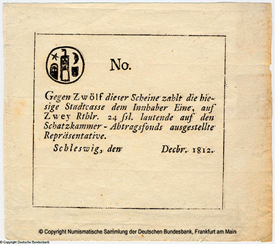 Stadtkasse Schleswig Scheine. 10 Schilling. 1812.