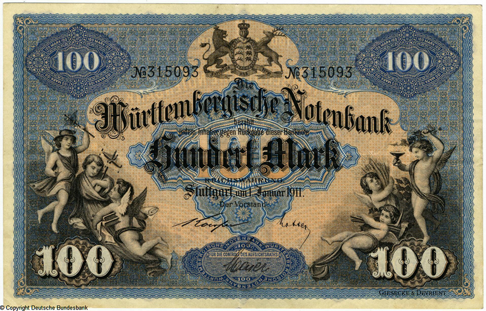 Württembergische Notenbank 100 Mark 1911 Koerper-Lotter No 315093
