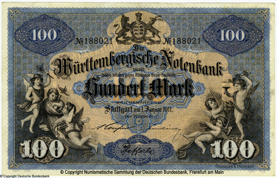 Württembergische Notenbank. Banknote. 100 Mark. 1. Januar 1911. Koerper-Steinhäuser  No188021