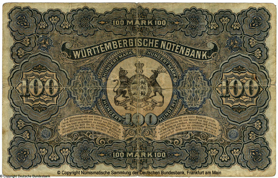Württembergische Notenbank. Banknote. 100 Mark. 1. Januar 1911.