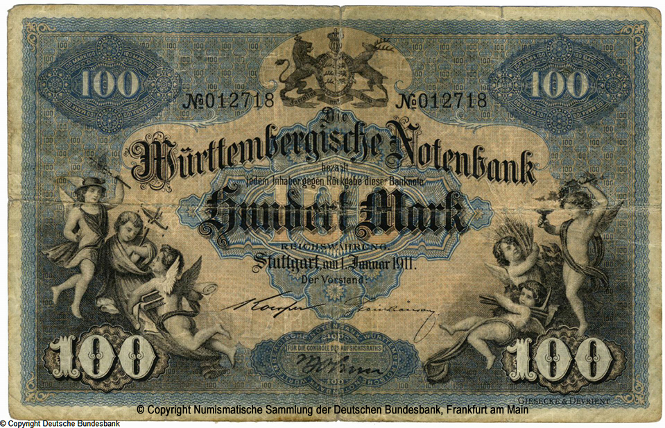Württembergische Notenbank. Banknote. 100 Mark. 1. Januar 1911. Koerper-Steinhäuser  No012718