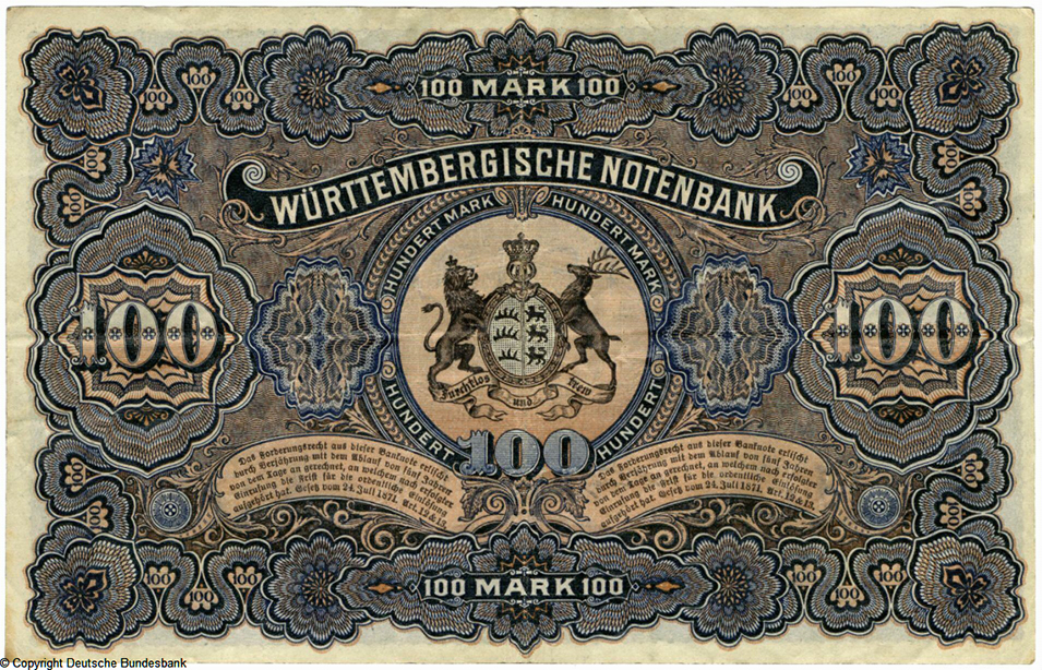 Württembergische Notenbank. Banknote. 100 Mark. 1. Januar 1911. Nr 246846