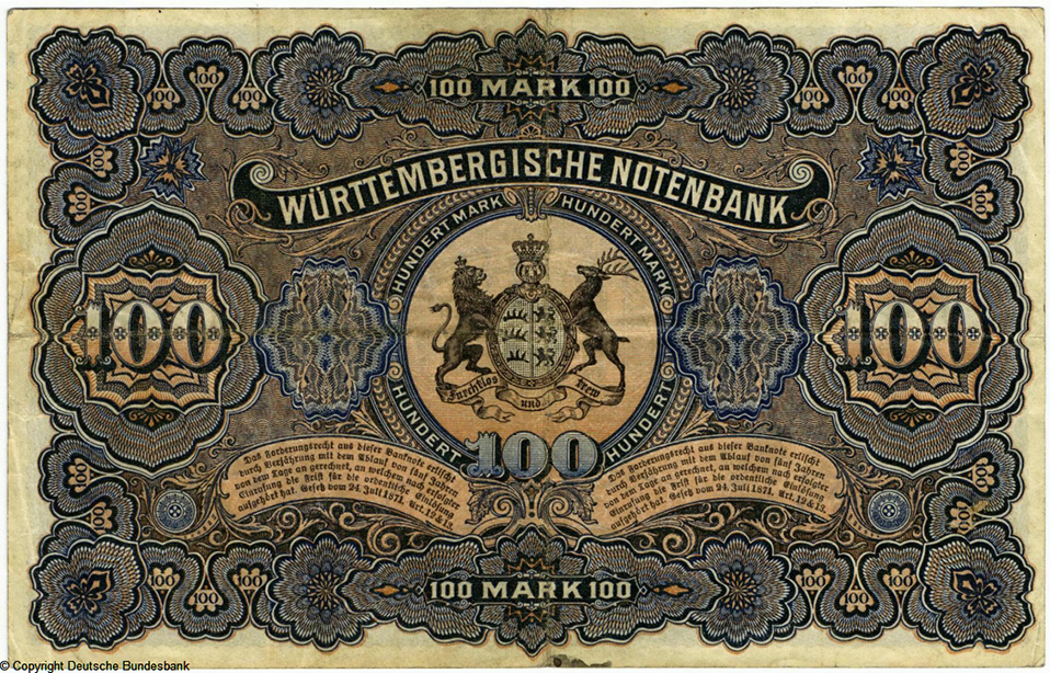 Württembergische Notenbank. Banknote. 100 Mark. 1. Januar 1911. Nr 267135