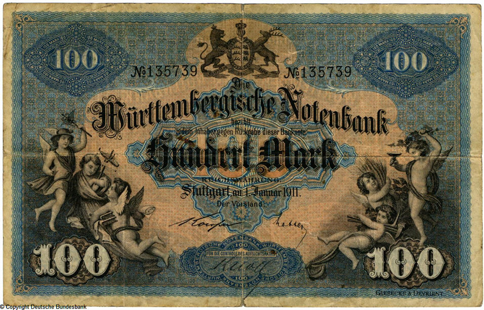 Württembergische Notenbank. Banknote. 100 Mark. 1. Januar 1911. Nr 135739