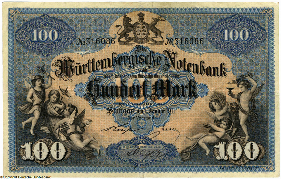 Württembergische Notenbank 100 Mark 1911 Koerper-Lotter No 316086
