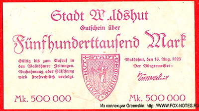 Stadt Waldshut 500000 Mark 1923 Notgeld