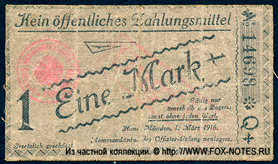 Offizier-Kriegsgefangenenlage Hann. Münden 1 Mark 1916. NOTGELD Des Papiergeldes der Gefangenenlager im 1. Weltkrieg KGL
