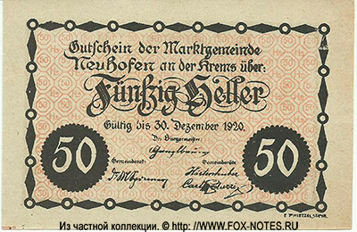 Marktgemeinde Neuhofen an der Krems 50 Pfennig 1920. NOTGELD