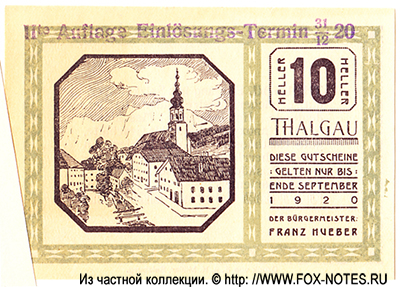 Stadtgemeinde Thalgau 10 Heller 1920 NOTGELD