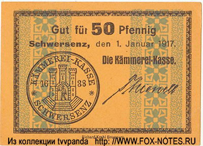 Kämmerei-Kasse Schwersenz 50 Pfennig 1917. NOTGELD