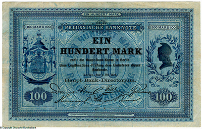 Königlich-Preußische Hauptbank Preussische Banknote. 100 Mark. 1874. Deutsches Reich