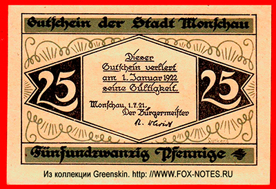 Stadt Monschau 25 Pfennig 1921. NOTGELD