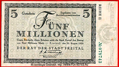 Stadt Freital 5 millionen mark 1923. NOTGELD 