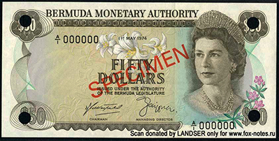 Bermuda Monetary Authority 50 Dollars 1974 SPECIMEN ()