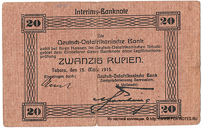Deutsch-Ostafrikanische Bank 20 Rupien 1915. Ro.906a   