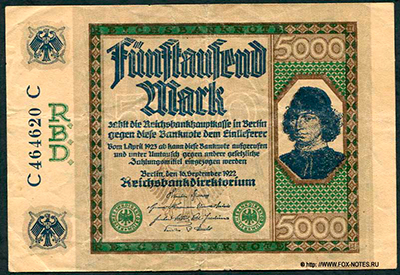 Reichsbanknote. 5000 Mark. 16. September 1922.