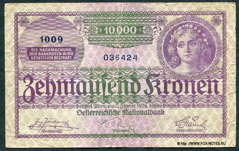 Oesterreichische Nationalbank. Banknote. 10000 Kronen 1924.