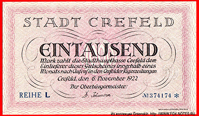 Stadthauptkasse Crefeld 1000 Mark 1922 / НОТГЕЛЬД ГЕРМАНИИ