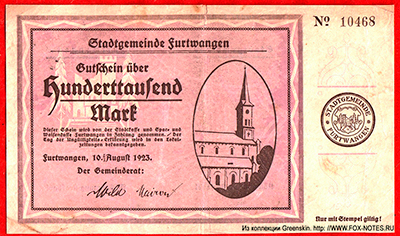 Stadtgemeinde Furtwangen 100000 Mark 1923. NOTGELD 