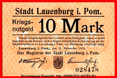 Stadt Lauenburg i. Pom. Stadt Lauenburg i. Pom. 10 Mark 1918.