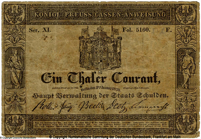Königreich Preußen Cassen=Anweisung. 1 Thaler Courant.  2. Januar 1835. Ser. XI F