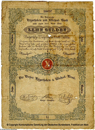 Bayerische Hypotheken- und Wechselbank Banknote. 10 Gulden. 1841.