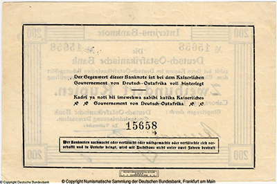 Deutsch-Ostafrikanische Bank. Interims-Banknote. 200 Rupien. 15. Juni 1915. 