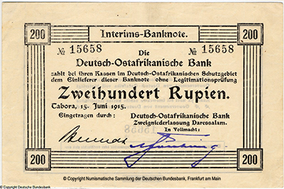 Deutsch-Ostafrikanische Bank. Interims-Banknote. 15. Juni 1915.