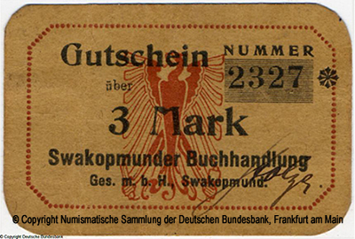  Deutsch-Südwestafrika 3 Mark Swakopmunder Buchhandlung Ges. m.b.H.