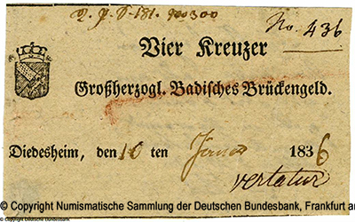 Großherzogtum Baden Diedesheim Wegegeld 4 Kreuzer 10.01.1836