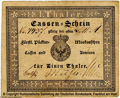 Fürstlich Pückler-Muskausche Cassen Cassen=Schein. 1 Thaler. 1826.