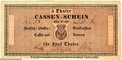 Fürstlich Pückler-Muskausche Cassen Cassen=Schein. 5 Thaler. 1826.