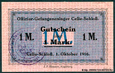 Offizier-Gefangenenlage Celle-Schloß. Gutschein. 1 Mark. 1. Oktober 1916.