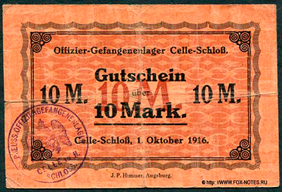 Offizier-Gefangenenlage Celle-Schloß. Gutschein. 10 Mark. 1. Oktober 1916.