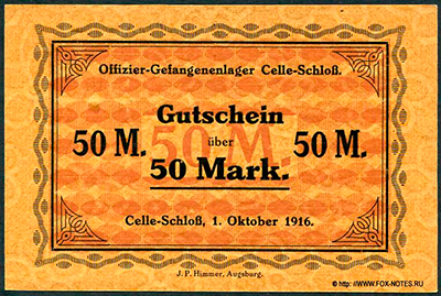 Offizier-Gefangenenlage Celle-Schloß. Gutschein. 50 Mark. 1. Oktober 1916.