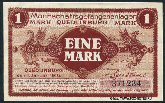 Mannschafgefangenenlager Quedlinburg 1 Mark 1916